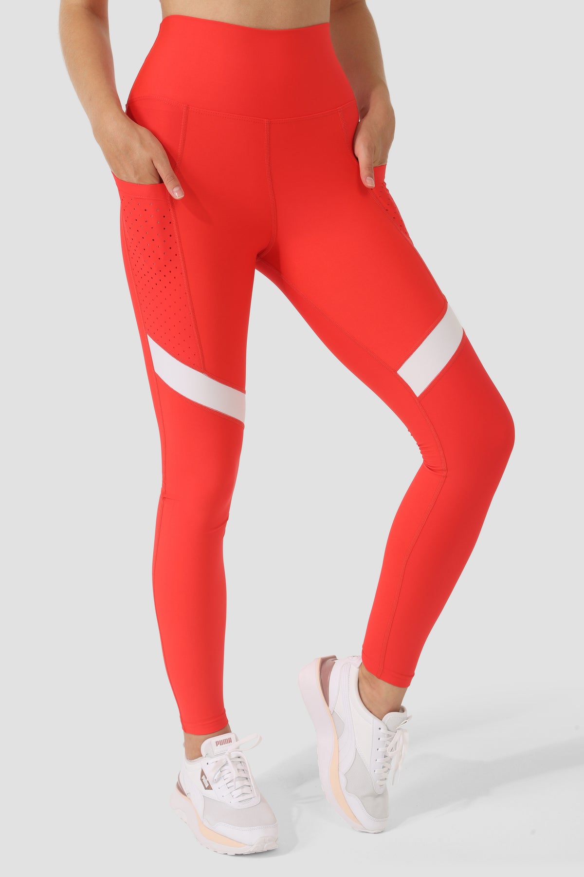 Garnished Pocket Sports Tights Vermilion - White